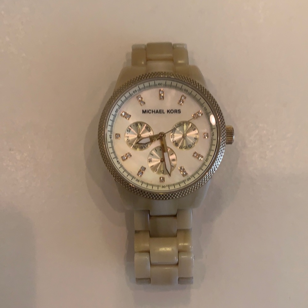 Michael Kors Cream and Gold-Tone Women's Chronograph Watch with Crystal Markers